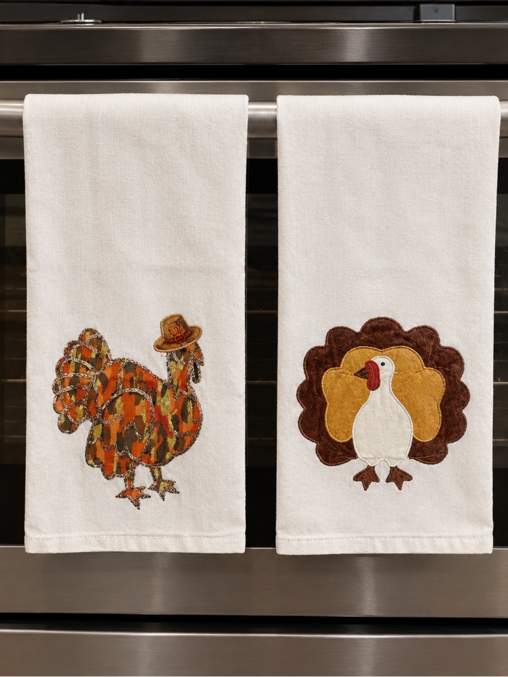 Thanksgiving Fall Turkey Applique White 100% Cotton Kitchen Tea Towels Set of 6